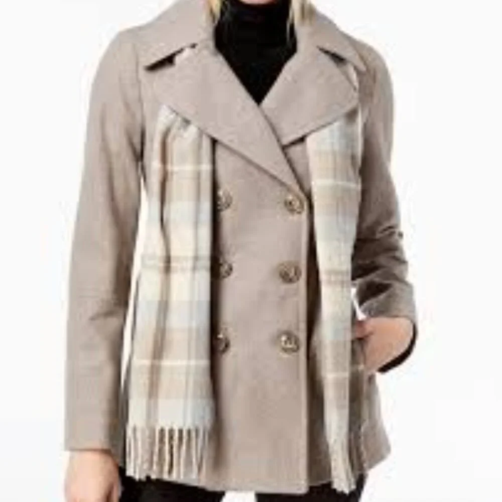 NWT - London Fog Woll Blend Double Breasted Peacoat With Scarf - Picture 2 of 5